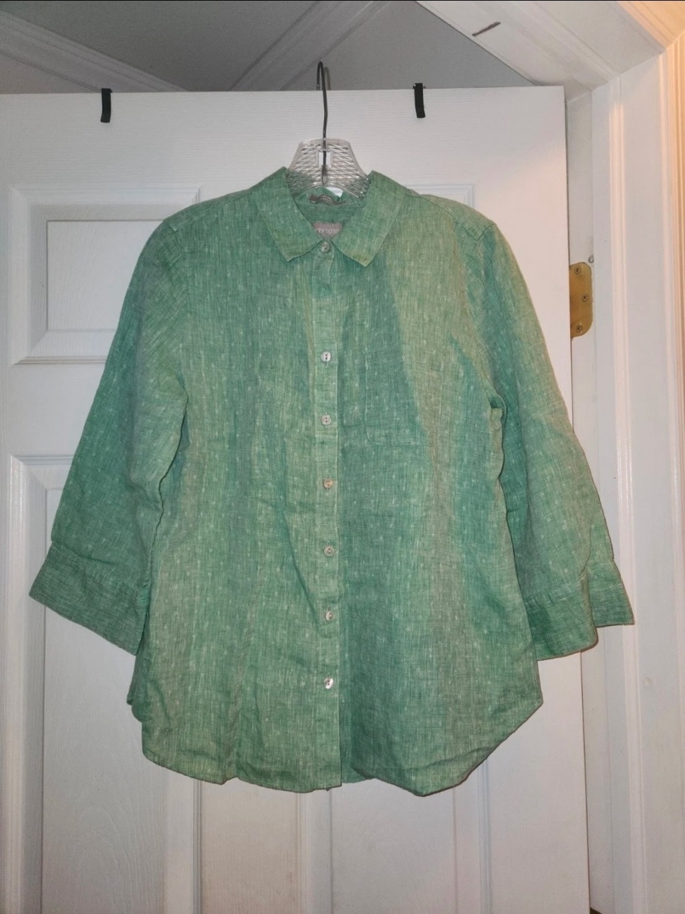 Chico's 100% Linen Button Down Shirt 0 (S) Green 3/4 Sleeve No-Iron Freshchic